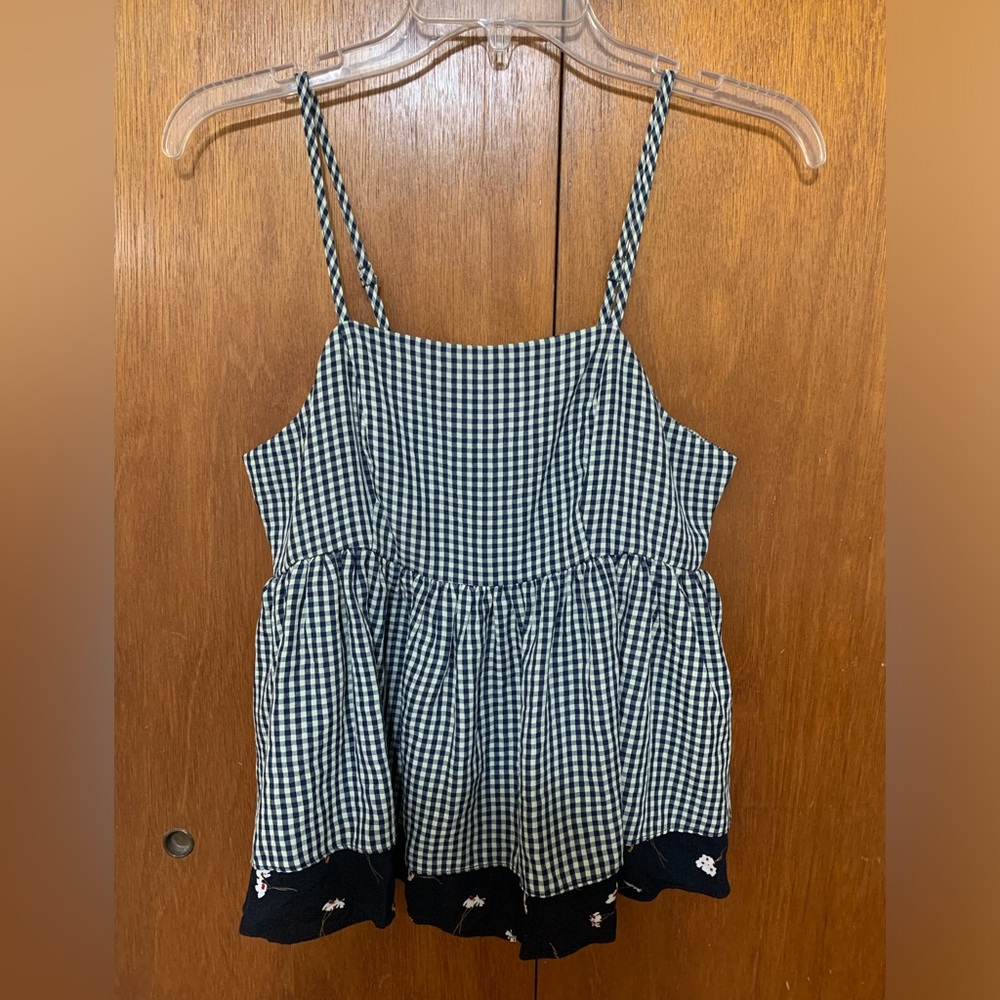 Hem & Thread Gingham Blue and White Baby Doll Top Ruffle Top